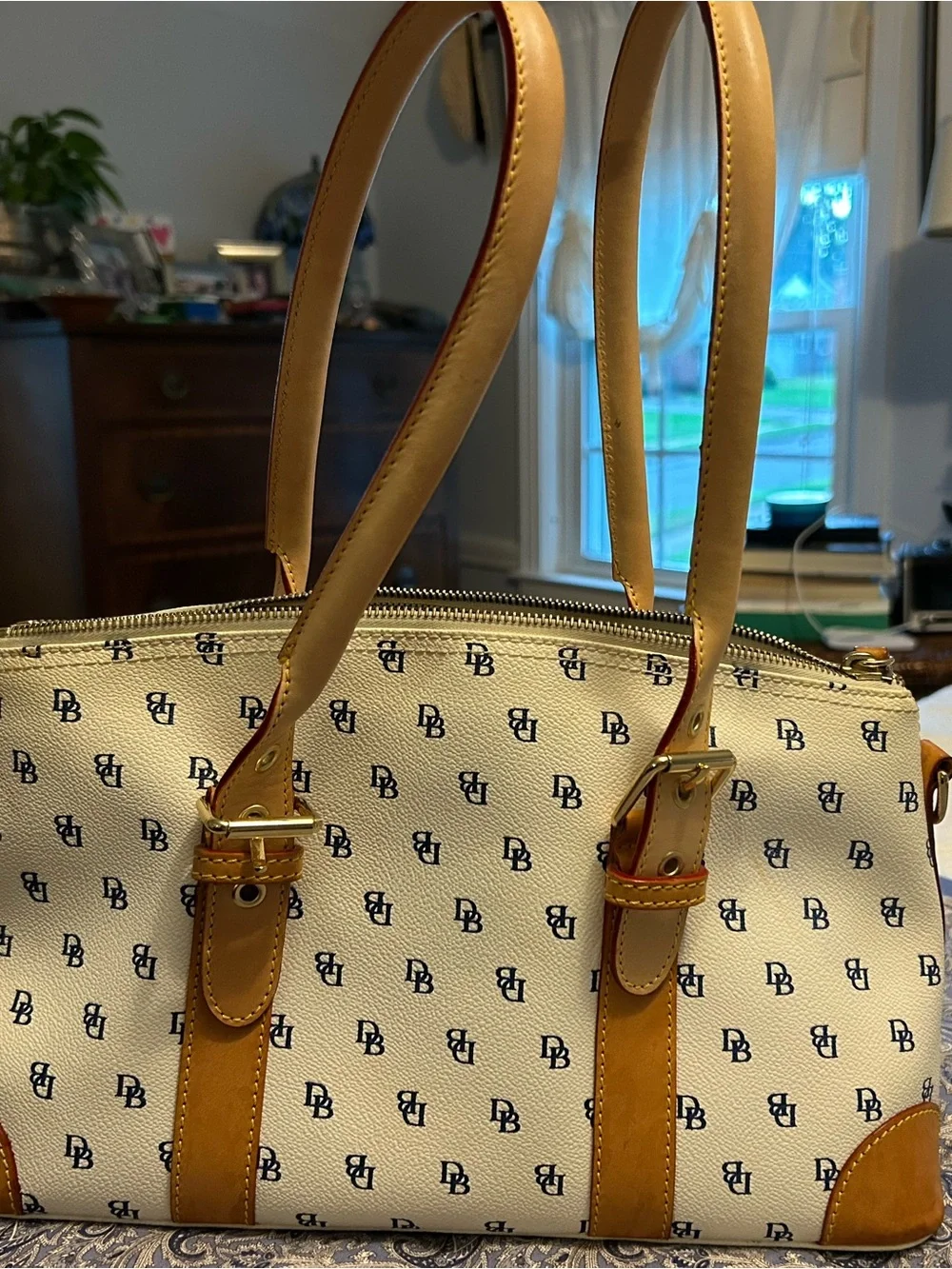 Dooney & Bourke Cream Satchel with blue logo with Tan Leather Handles 14x7